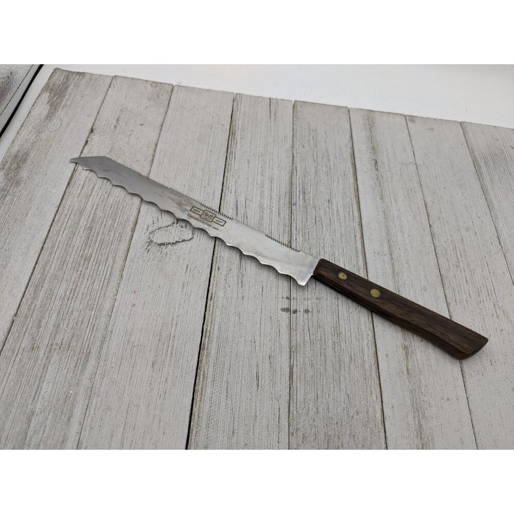 Vintage Stainless Steel Double Sided Knife 7" Wood Handle Slice Carve 11 1/2"